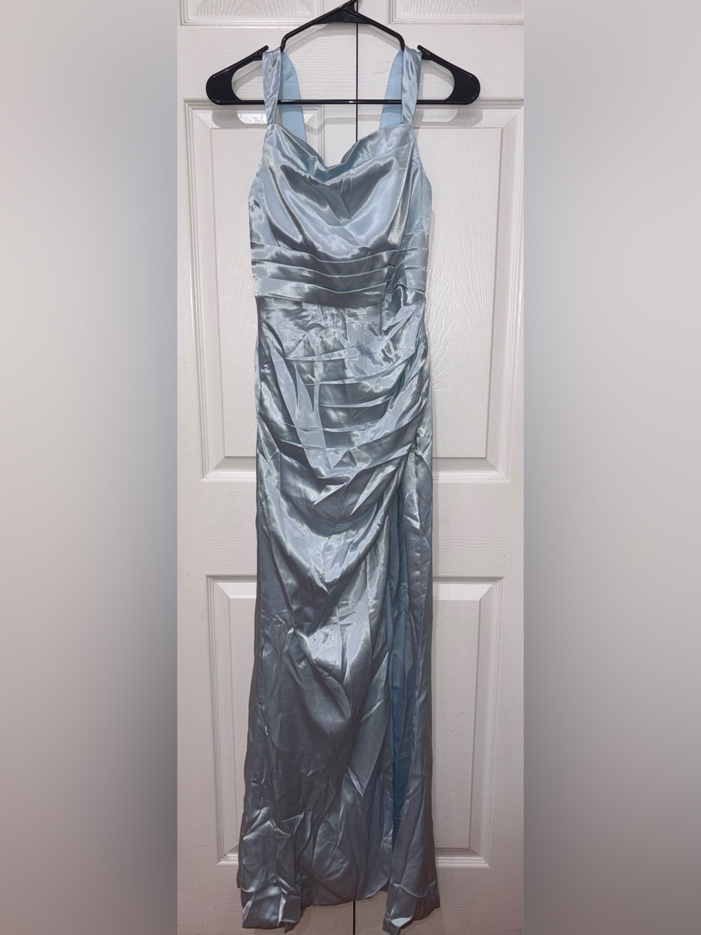 Satin Light Blue Maxi Skirt with Draped Front w slit